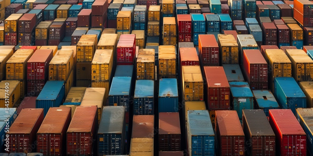 Poster ows of cargo containers are stacked at a massive container port, creating a vibrant and bustling sce