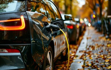 A black car is plugged into a charging station. The car is parked on a street with other cars parked behind it. The street is lined with trees and there are leaves on the ground. The scene is peaceful