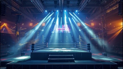 Spotlights on the boxing ring with large video screen at the backdrop in the background, boxing ring. Generative AI.