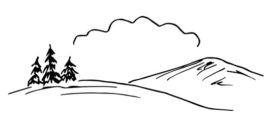 Fototapeta premium Simple vector drawing with black outline. Nature, mountain landscape, coniferous trees. Cloud for title, inscription. Sketch in ink.