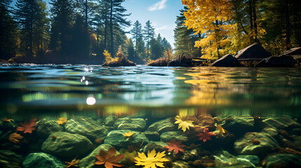 Colorful autumn leaves floating on river water. - Powered by Adobe