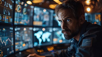 Cybersecurity professionals analyzing data on large monitors in a control room, Generative AI