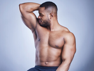 Stink armpit, body odor or black man in studio with bad hygiene problem, smell or sweat bacteria on grey background. Chest, smelling or muscular African model disgusted by perfume, scent or fragrance
