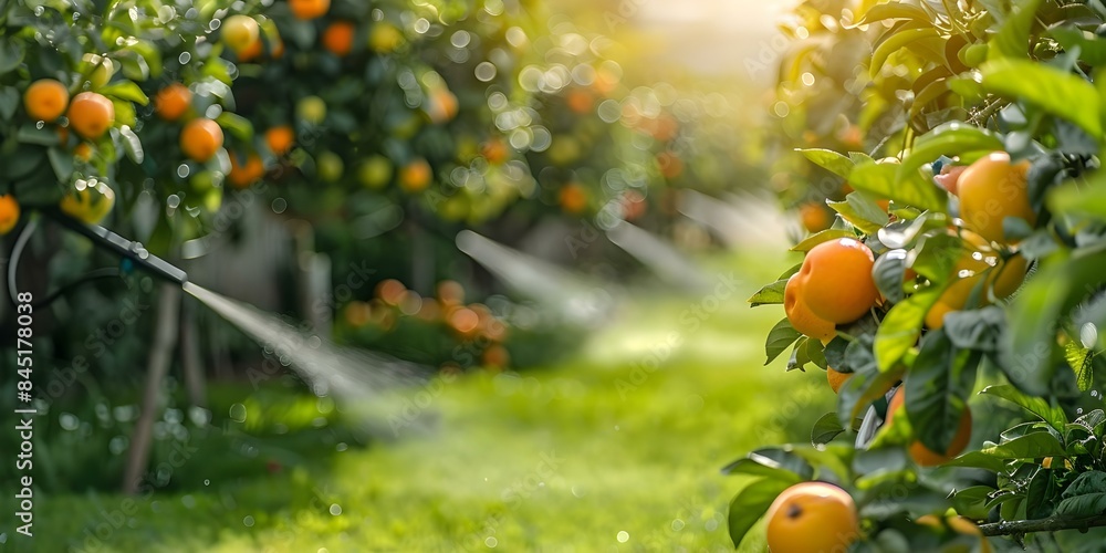 Poster automated smart irrigation system with rotating sprinklers for lawn and fruit garden. concept smart 
