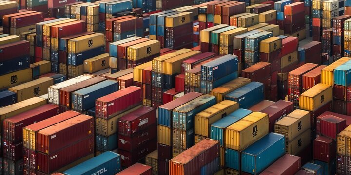 ows of cargo containers are stacked at a massive container port, creating a vibrant and bustling scene. The port is filled with the sounds of cranes and machinery as workers. Generative AI