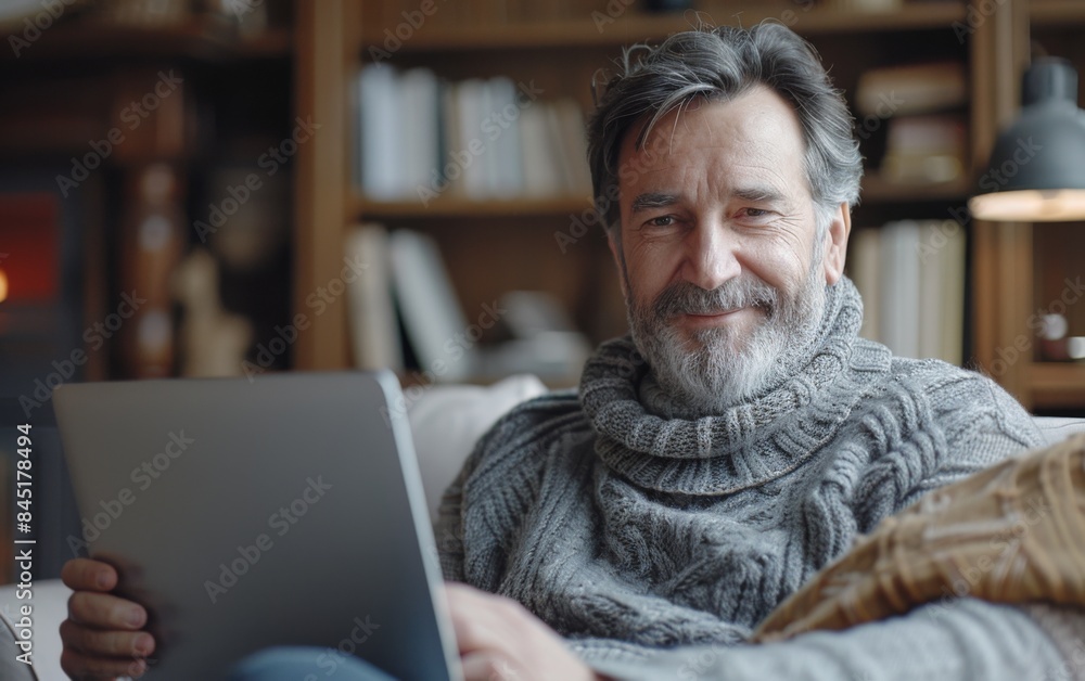 Poster a man is sitting on a couch with a laptop in his lap. he is smiling and he is enjoying himself