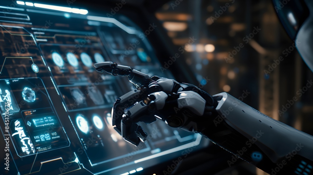 Poster 2. picture the captivating moment when a person interfaces with a robotic ai, exchanging ideas and i