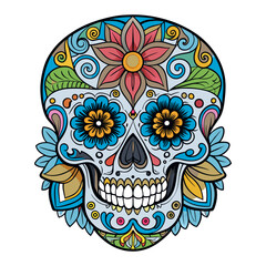 Ddetailed sugar skull with vibrant colors, floral patterns, and ornate decorations, celebrating the Day of the Dead