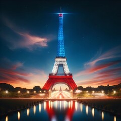 Fototapeta premium Illustration for Bastille Day in France with Eiffel Tower in colors of French flag.