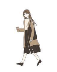 コーヒーを持って歩くおしゃれな女性