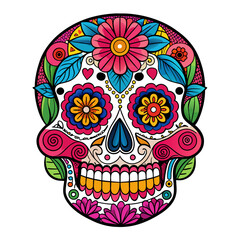 Ddetailed sugar skull with vibrant colors, floral patterns, and ornate decorations, celebrating the Day of the Dead