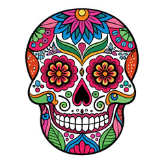 Ddetailed sugar skull with vibrant colors, floral patterns, and ornate decorations, celebrating the Day of the Dead