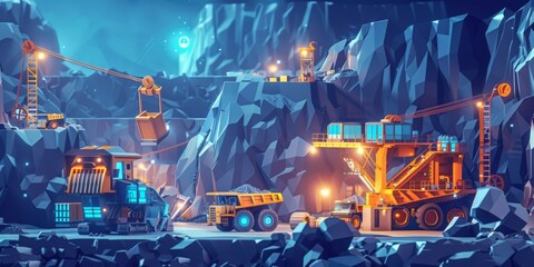 In winter, mining activities continue with trucks and excavators working diligently. Frost-covered machinery moves through the snowy terrain, creating a stark contrast against the white landscape.