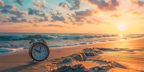 At dusk, an antique timepiece rests upon the sandy shore, its intricate details highlighted by the fading light. A vast expanse of empty space surrounds it, inviting contemplation and reflection.