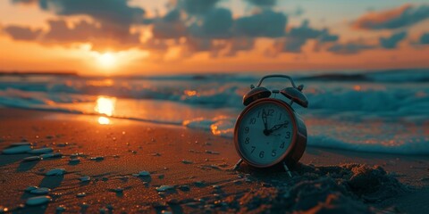 As dusk settles, an antique timepiece graces the sandy shore, its aged beauty accentuated by the soft light. Ample copy space invites reflection amidst the tranquil setting.