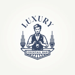 luxury bar and eatery with bartender making cocktail label logo vector illustration design