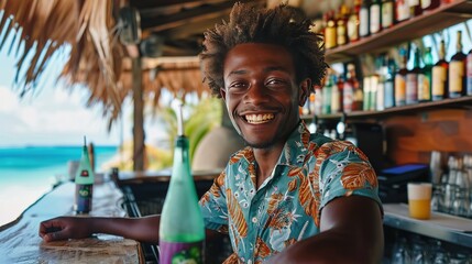 african american smiling man bartender work on the beach resort, barman making a cocktail on the beach for relaxing.