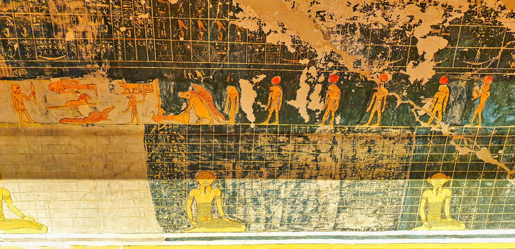 Part of a Ramesside star chart and calendar on the ceiling with decans,including Orion and Womb of Nut and circumpolar constellations in the Tomb of Ramesses IX,KV6, in the Valley of Kings,Luxor,Egypt