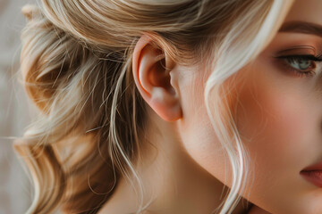 Close-up portrait of a woman with blonde hair styled in a beautiful evening updo. Empty earlobe mockup earrings