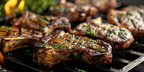 Savor charred lamb chops with aromatic herbs evoking Mediterranean flavors over flames. Concept Grilled Lamb Chops, Mediterranean Cuisine, Aromatic Herbs, Flame-Grilled Delights - Powered by Adobe