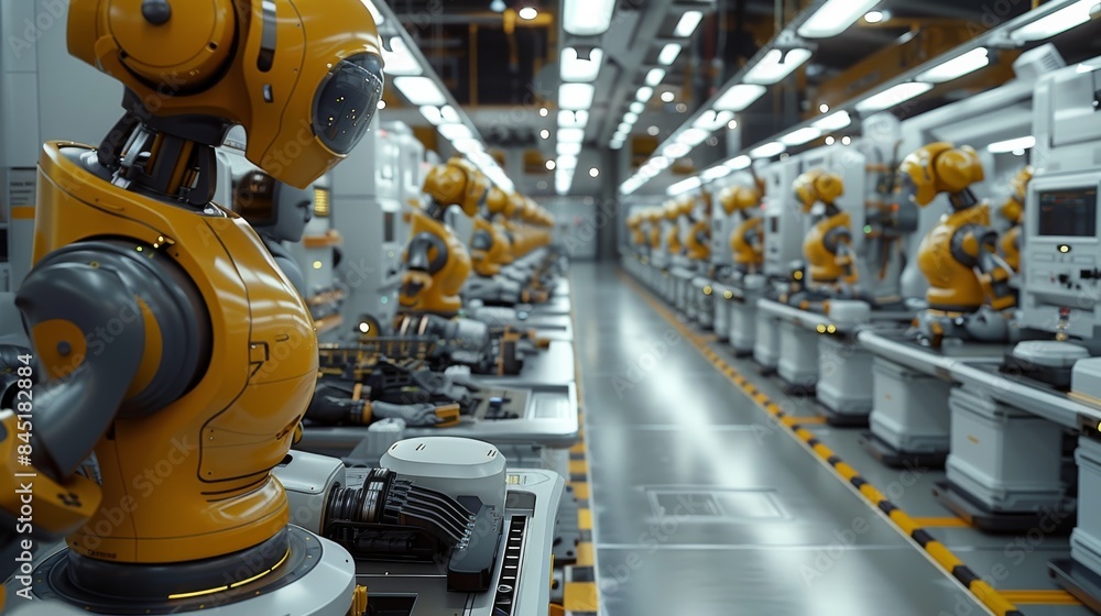 Fototapete a modern, high-tech factory floor with robotic arms and ai components. generative ai.