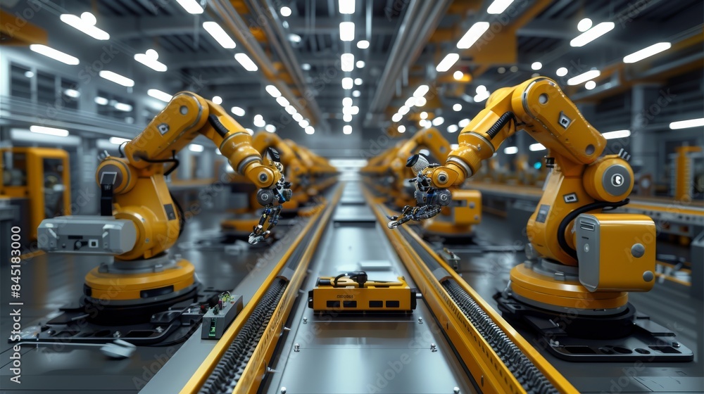 Fototapete a modern, high-tech factory floor with robotic arms and ai components. generative ai.