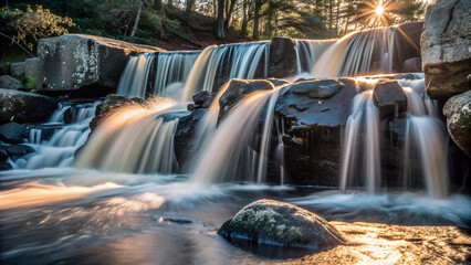a waterfall cascading over moss-covered rocks, with the golden hour sunlight creating a warm glow on the water and surrounding foliage