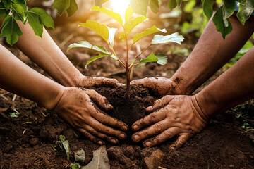 Fototapeta premium Hands gently planting a young tree seedling in rich soil amidst a vibrant forest, symbolizing environmental conservation and the nurturing of new life. 