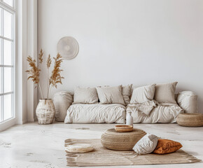 Minimalist interior design composition with fancy ornaments and copyspace for text. Home decor concept image in earthy bright tones.