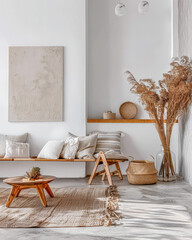 Minimalist interior design composition with fancy ornaments and copyspace for text. Home decor concept image in earthy bright tones.