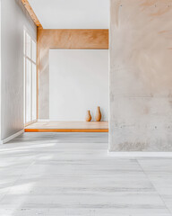 Minimalist interior design composition with fancy ornaments and copyspace for text. Home decor concept image in earthy bright tones.