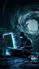 person in a mask and person with a laptop