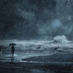 Obraz premium A lone person walking on a rainy beach, holding an umbrella against the wind, with waves crashing and rain falling heavily, creating a dramatic and introspective scene