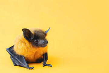 Close-up of a cute fruit bat sitting on a solid yellow background, highlighting its bright fur and small wings.