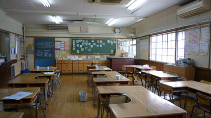 Classroom with neatly arranged desks and chairs, ready for students to start the new school year