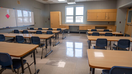 Classroom with neatly arranged desks and chairs, ready for students to start the new school year
