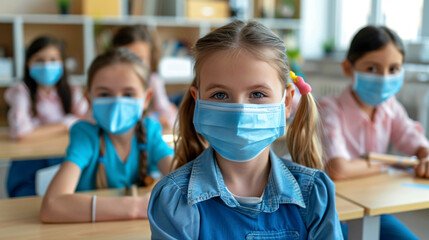 Group of young students wearing masks, seated at their desks and ready for a new school year