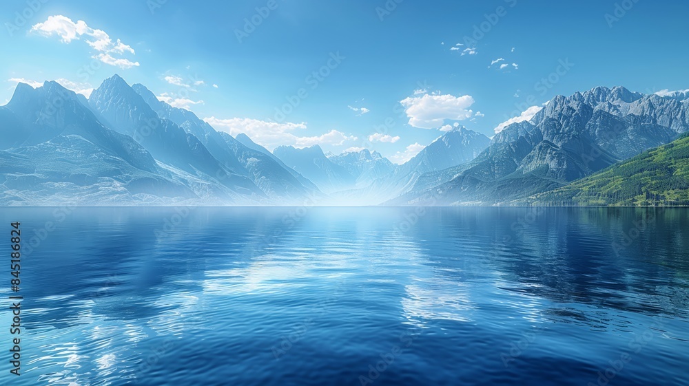 Wall mural Tranquil lake with majestic mountain range in the background - Wall murals