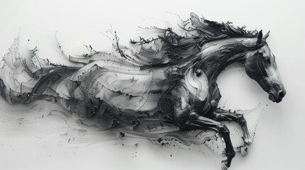 Reverse black ink swirling into the shape of a horse and jockey on a white background