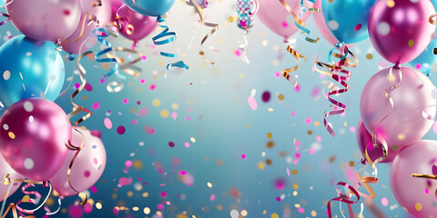 Birthday party frame with balloons, streamers and confetti background - Ai Generated