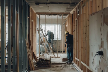 Step by step installation of wooden house frame with workers and partitions in apartment building