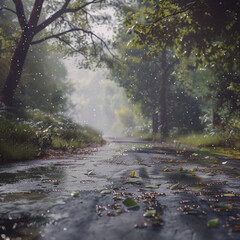 A photorealistic image of a country road in the rain, with puddles forming on the ground, raindrops hitting the leaves of nearby trees, and a soft, misty atmosphere 