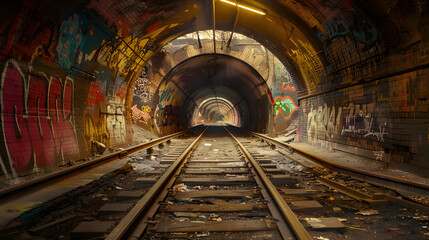 A tunnel with graffiti on the walls and a train track