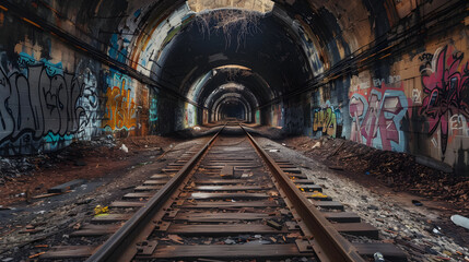 Naklejka premium A tunnel with graffiti on the walls and a train track
