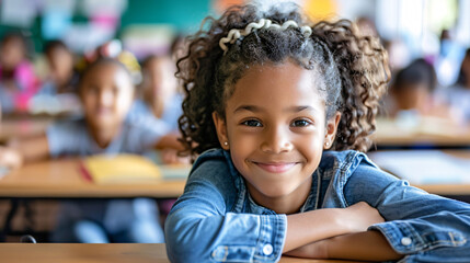 Young child sitting at their desk, smiling and ready for their first lesson of the new school year