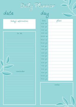 Daily planner for important notes and scheduling. Modern design in blue color with leaves on branches. Suitable for school, college, university and habit building.