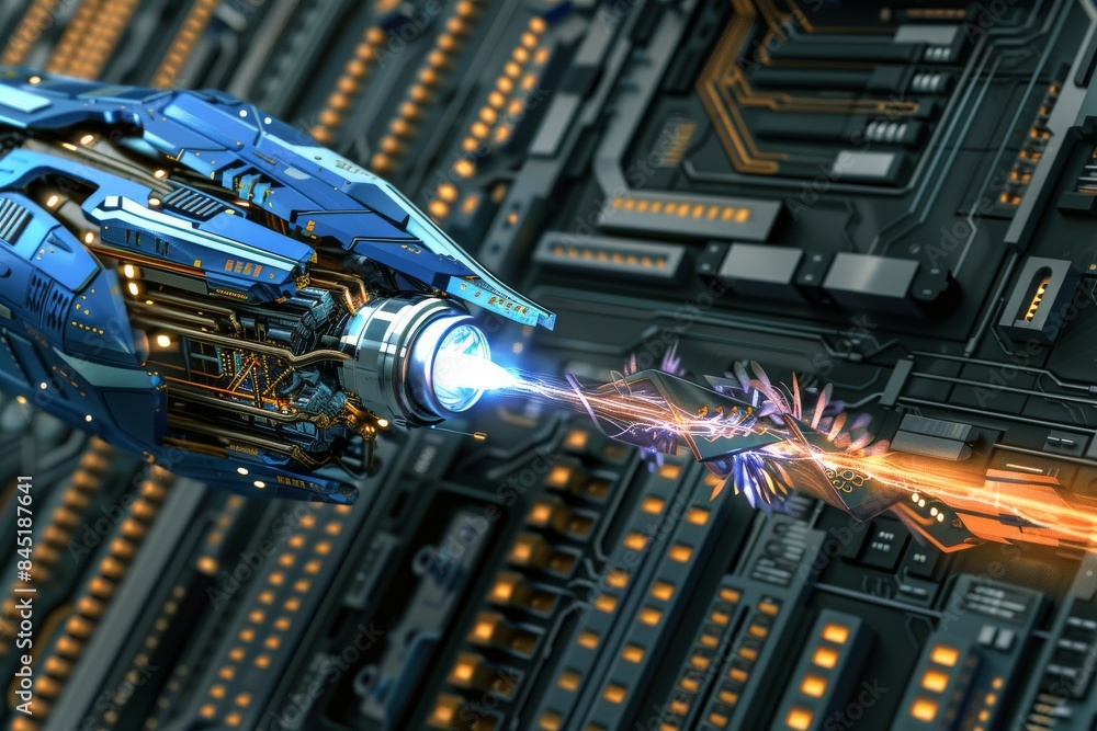 Poster futuristic ai robotic arm with glowing circuits, high tech illustration of advanced technology and a