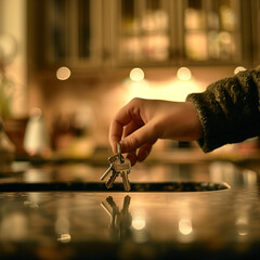A person's hand quickly grabbing a set of keys from a kitchen countertop, with motion blur to emphasize the speed of the action, and a homey kitchen scene in the background 