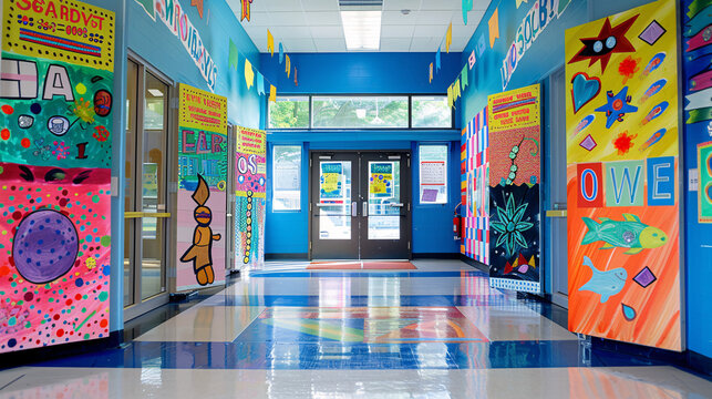 Classroom door decorated with welcome signs and colorful artwork for the new school year