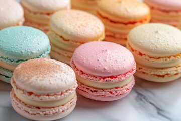 Obraz premium Close-up of a French Macaron colorful selection, pastel colors and delicate textures, dessert and cake style. Macarons or macaroons is French dessert for served with tea or coffee break